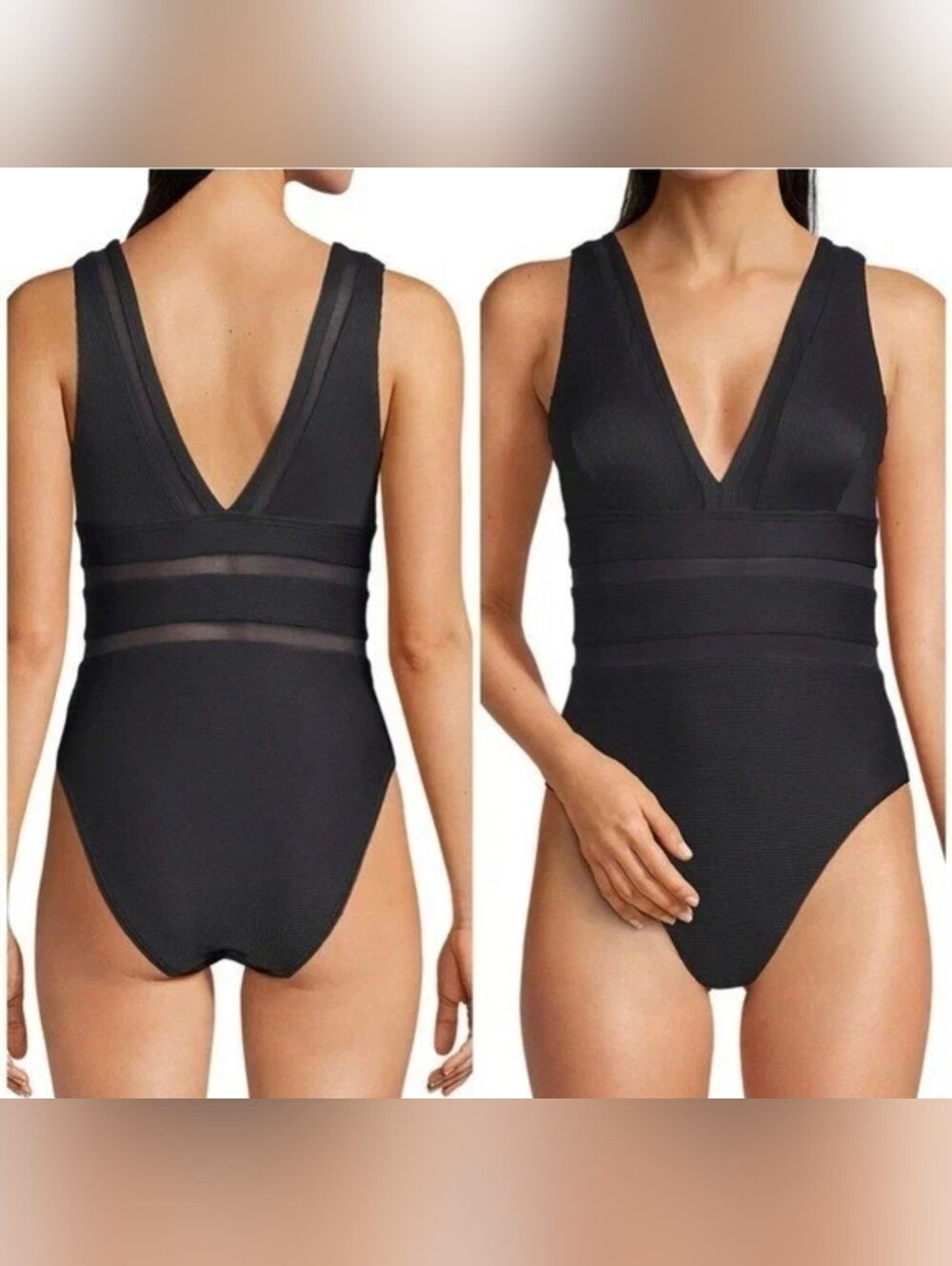 Lands' End Mesh Ribbed Plunge High Leg One Piece Swimsuit black Size 16
